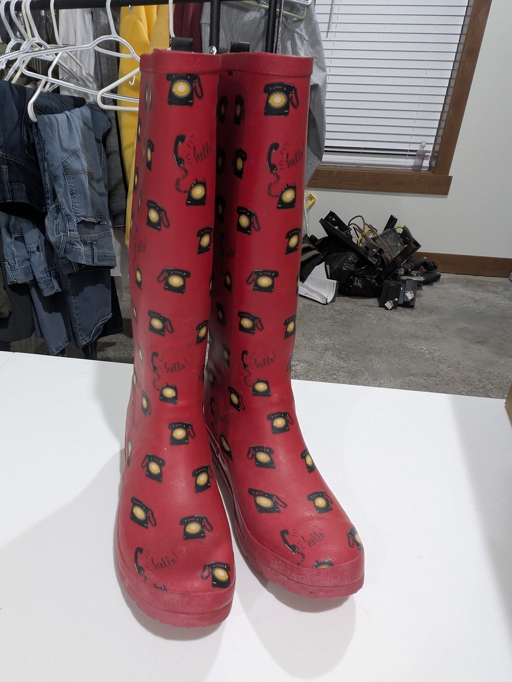 Anthropologie Colloquial "Call Me" Red Telephone Print Rain Boots - Size 10
